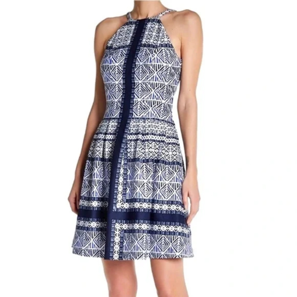 Vince Camuto Geometric Blue/White Halter A-line Dress 8 With Pockets